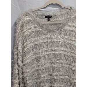 Apt 9 Sweater Top Womens XL Super Soft Fuzzy Silver Sequined Metallic Gray